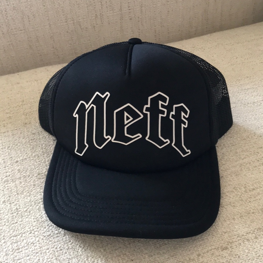 Neff Mesh Trucker Hat, Gothic Script, Black / White